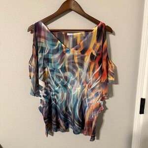 Free 2 Luv Women's Size M Blouse Boho Hippie Watercolor  Cutout Sleeve V-Neck